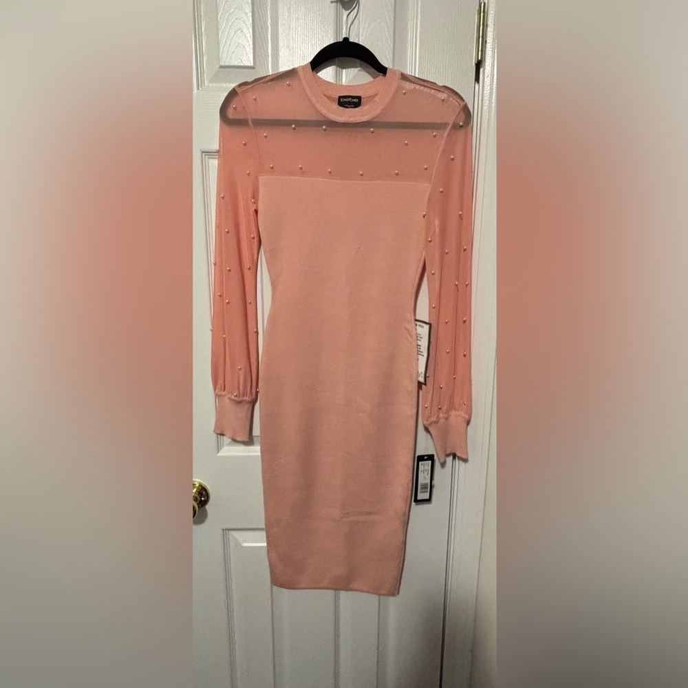 NWT BEBE SZ XS BLUSH with/Pearls Mesh Midi Sweater Dress #107862